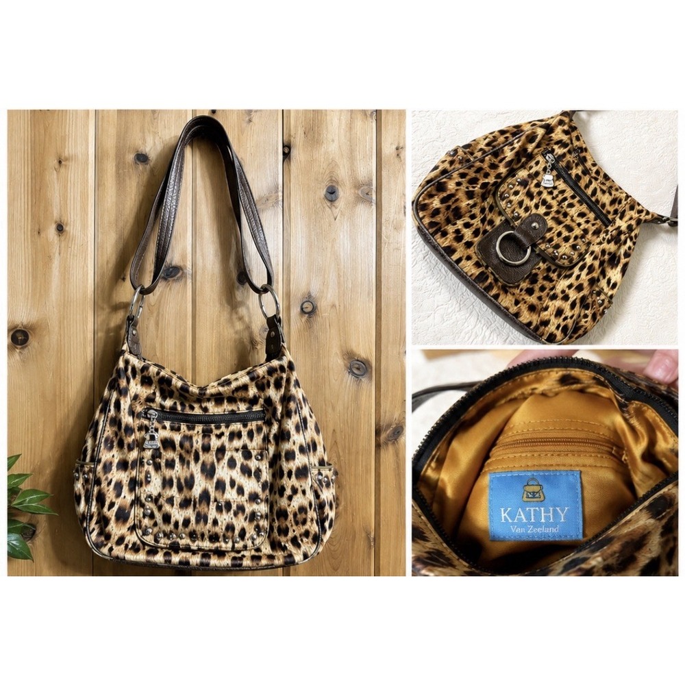 Kathy Van Zeeland Leopard Print Hobo Bag Y2K Studded Shoulder Purse Brown